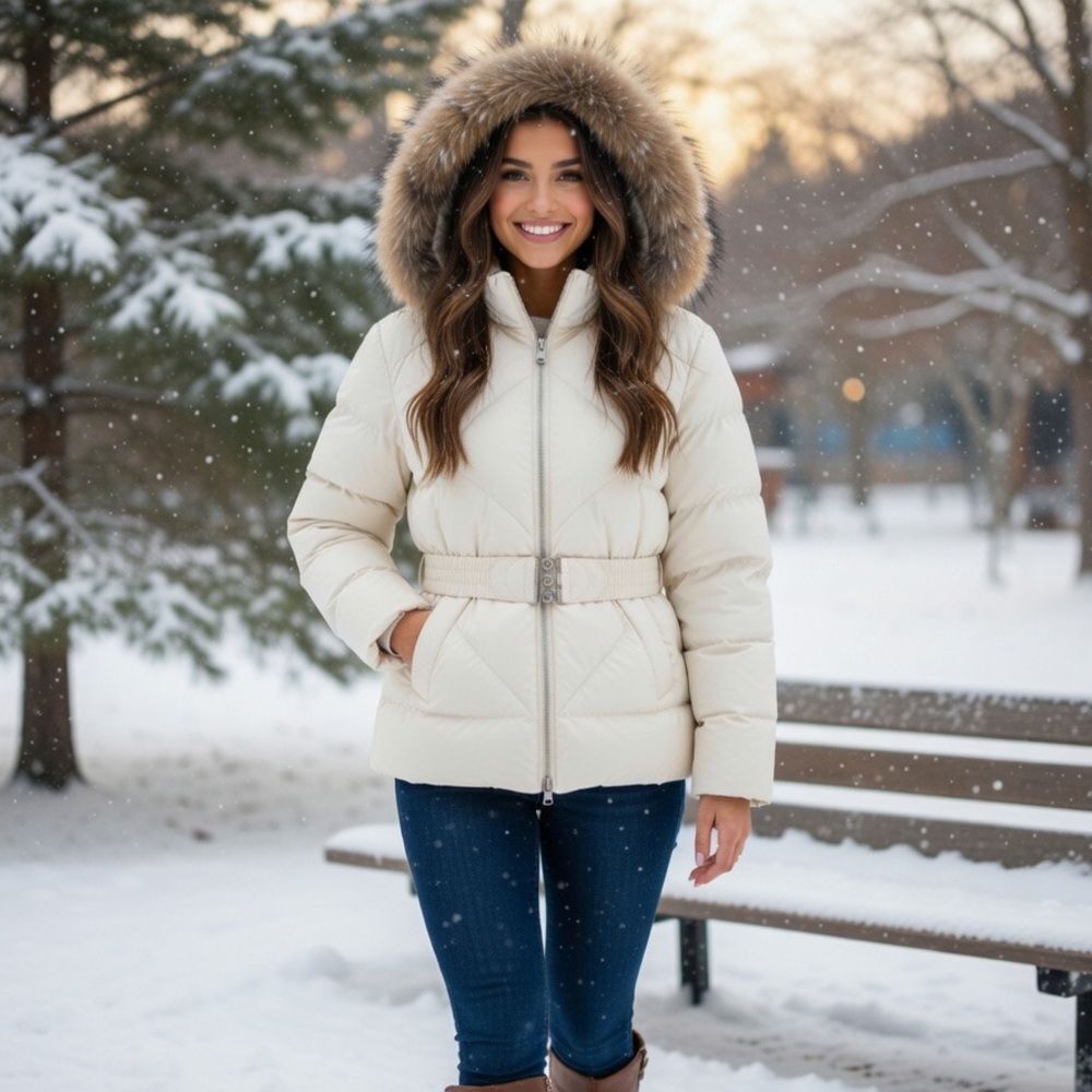 Big Chill White/Ivory Puffer Jacket with Faux Fur Hood and Belt